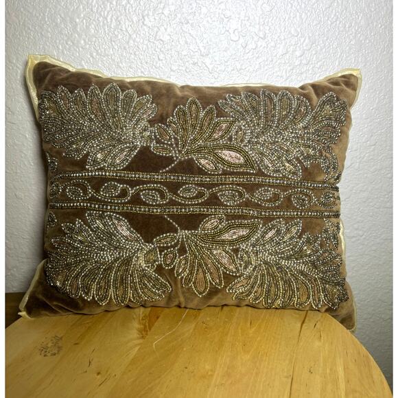 Pier 1 Brown and Gold Beaded Rectangular Shiny Pillow 15 x 12 - Picture 2 of 12